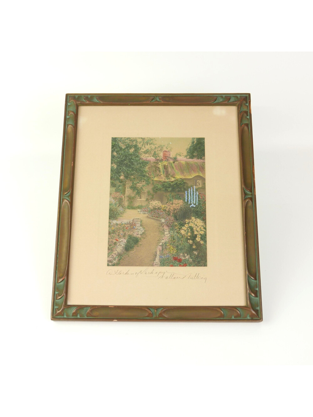 Wallace Nutting A Garden of Larkspur Hand Colored Photograph Print Frame Antique